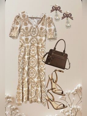 Adelyn Rae  Midi white Dress with gold Floral Embroidery
